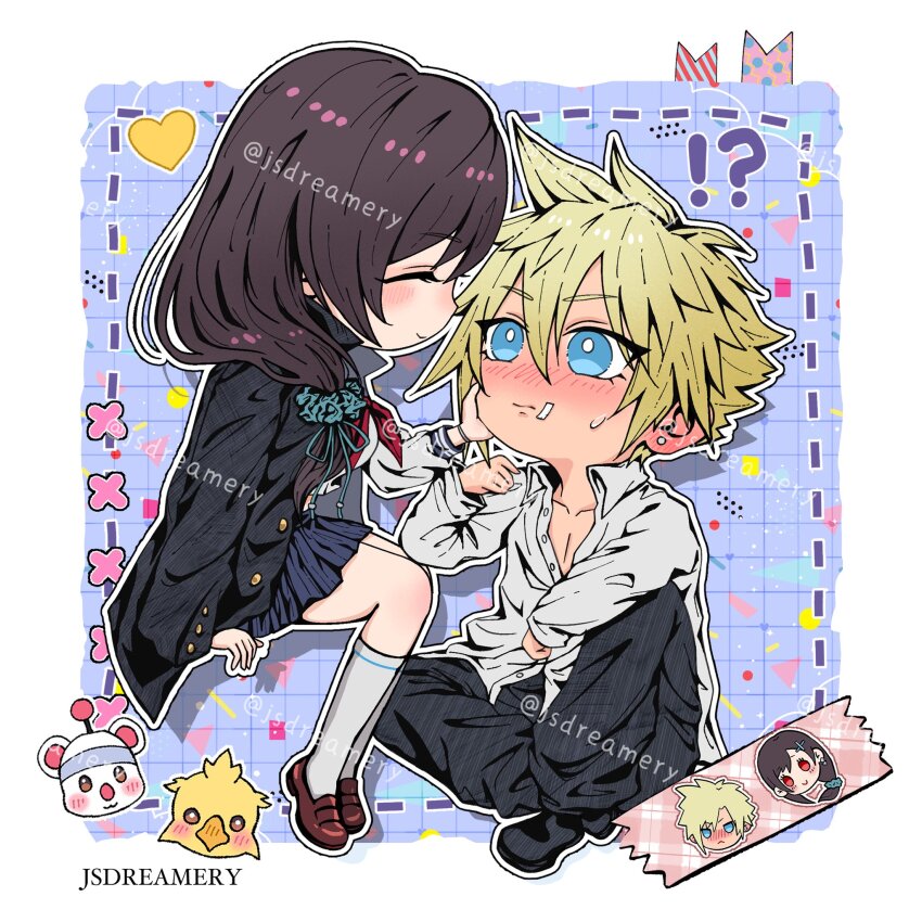 !? 1boy 1girl arm_support artist_name bandaid bandaid_on_cheek bandaid_on_face black_hair black_jacket black_pants black_shoes blonde_hair blue_eyes blue_scrunchie blue_skirt blush bracelet breasts brown_shoes checkered_background chocobo closed_eyes closed_mouth cloud_strife cloud_strife_(midgard_seventh_high_school) collarbone collared_shirt commentary couple delinquent ear_blush earrings english_commentary facing_another final_fantasy final_fantasy_vii final_fantasy_vii_ever_crisis from_side full_body gakuran hair_ornament hair_over_shoulder hair_scrunchie hand_on_another&#039;s_cheek hand_on_another&#039;s_face heart highres invisible_chair jacket jacket_on_shoulders jewelry jsdreamery knee_up kneehighs large_breasts long_hair long_sleeves looking_at_another miniskirt moogle neckerchief pants pleated_skirt purple_background red_neckerchief school_uniform scrunchie serafuku shirt shoes short_hair sitting skirt smile socks spiked_hair stud_earrings three_quarter_view tifa_lockhart tifa_lockhart_(midgard_seventh_high_school) twitter_username white_serafuku white_shirt white_socks