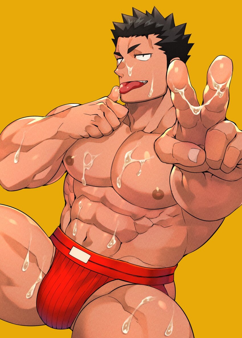 1boy abs bara black_hair bulge cum cum_on_body facial highres inuzuka_(noisy_dog) jockstrap large_pectorals licking licking_cum looking_at_viewer male_focus male_underwear manly mature_male muscular muscular_arms muscular_legs muscular_male naop_(anything) nipples noisy_dog pectorals short_hair simple_background solo spiked_hair spread_legs teeth thick_eyebrows thighs tongue tongue_out underwear yellow_background