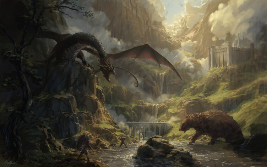 2boys absurdres animal battle bear boulder bridge brown_bear castle cliff cloud commentary day dragon english_commentary fantasy fog helmet highres holding holding_polearm holding_shield holding_weapon krita_(medium) landscape mountain multiple_boys nature open_mouth original outdoors oversized_animal philipp_urlich polearm red_eyes scenery shield signature spear standing stream sunlight tree valley water waterfall weapon western_dragon