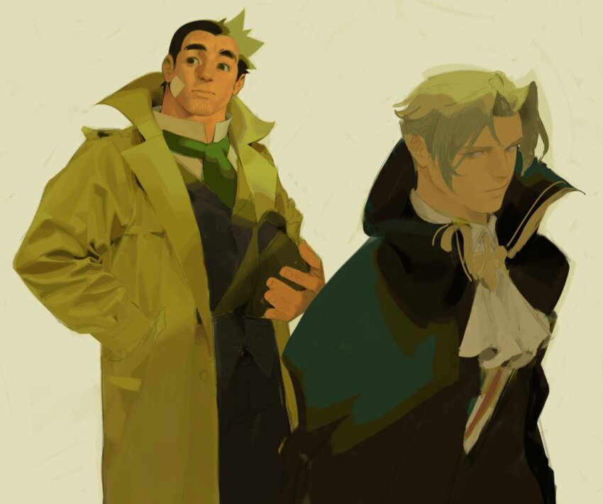 2boys ace_attorney bandaid bandaid_on_cheek bandaid_on_face coat costume_request dick_gumshoe expressionless facial_hair feet_out_of_frame goatee_stubble green_coat green_necktie grey_hair looking_to_the_side male_focus mature_male miles_edgeworth mr_kasuy multiple_boys necktie raised_eyebrows short_hair sideburns sidelocks standing stubble