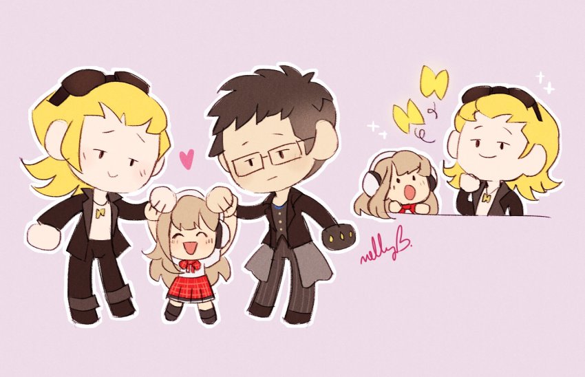 1girl 2boys aged_down black_hair black_suit blonde_hair bow bug butterfly butterfly_necklace formal_clothes glasses grey_hair headphones hishima_(ntwewy) insect long_hair matsunae_tsugumi multiple_boys no_shirt open_mouth pants pinstripe_pants pinstripe_pattern plaid_clothes plaid_skirt rectangular_eyewear red_bow red_skirt school_uniform shiba_(ntwewy) shin_subarashiki_kono_sekai shirt skirt smile subarashiki_kono_sekai suit sunglasses sunglasses_on_head two-tone_skirt white_shirt