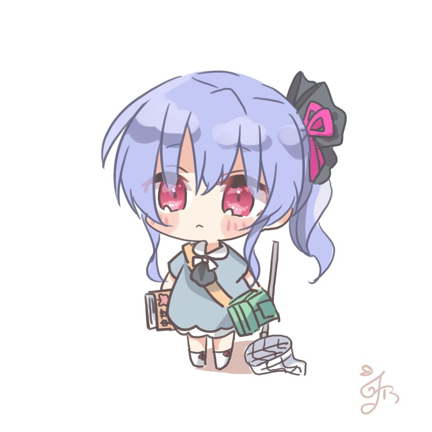1girl :&lt; aged_down black_bow blue_dress blue_hair blush_stickers book bow chibi chibi_only child closed_mouth commentary_request dress dual_wielding eyes_visible_through_hair full_body hair_between_eyes hair_bow hair_ribbon highres holding holding_book long_hair looking_at_viewer pink_ribbon ponytail red_eyes ribbon short_sleeves sidelocks signature simple_background solo sorakado_ao summer_pockets utuigawa white_background