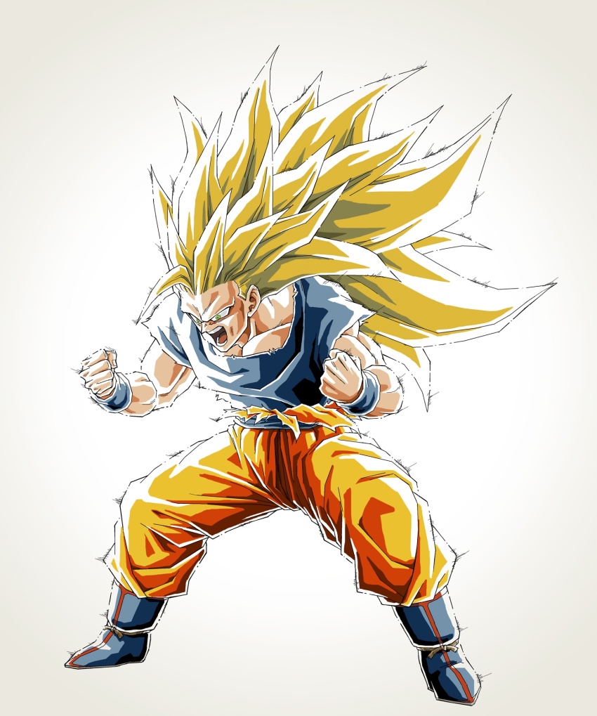 1boy blonde_hair blue_sash blue_shirt dragon_ball dragonball_z full_body green_eyes grey_background highres male_focus muscular muscular_male n_(n14542698) no_eyebrows orange_pants pants powering_up sash shirt short_sleeves simple_background solo son_goku spiked_hair super_saiyan super_saiyan_3 torn_clothes torn_shirt