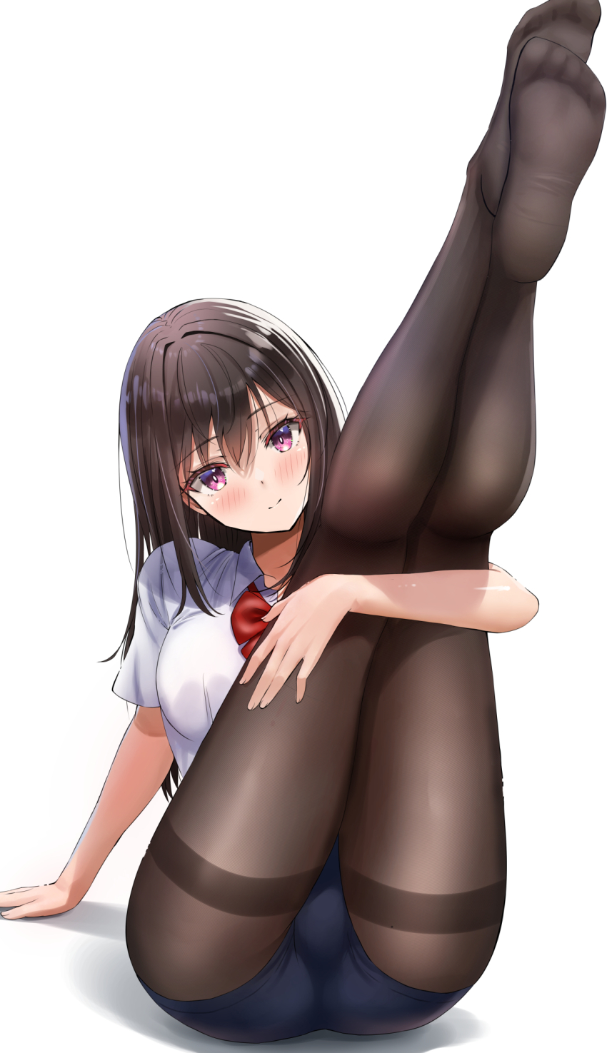 1girl ass black_pantyhose blush bow bowtie breasts brown_hair buruma collared_shirt highres large_breasts legs_up long_hair looking_at_viewer original pantyhose pantyhose_under_buruma purple_eyes red_bow red_bowtie school_uniform shirt short_sleeves smile thighband_pantyhose very_long_hair white_background white_shirt yukemuriganmo