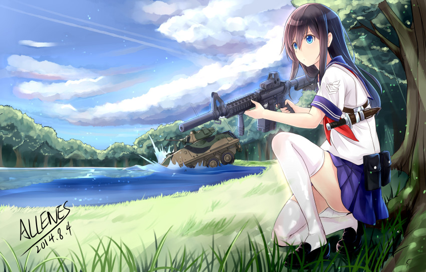 1girl absurdres allenes amphibious_vehicle aqua_eyes armored_reconnaissance armored_vehicle artist_name assault_rifle autocannon black_hair black_shoes blue_eyes blue_skirt cannon carbine chain_gun cloud dated day female_focus forest gun highres kneeling knife lav-25 long_hair looking_at_viewer m242_bushmaster m4_carbine nature neckerchief on_one_knee original outdoors pleated_skirt reconnaissance_vehicle rifle school_uniform scout_car serafuku shoes signature skirt sky solo thighhighs turret weapon weapon_request white_thighhighs zettai_ryouiki