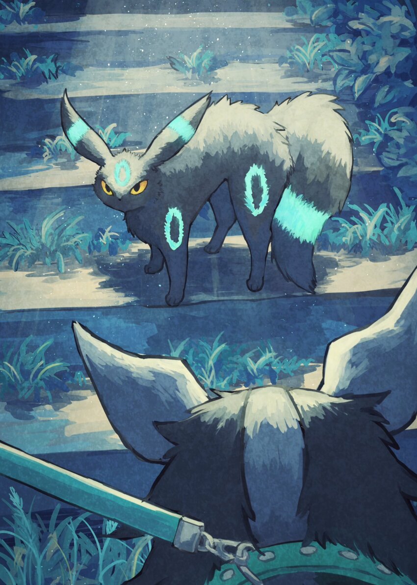 7_phi_3 alternate_color animal black_eyes collar colored_sclera gen_2_pokemon gen_3_pokemon grass highres leash mightyena nintendo pokemon pokemon_(creature) red_sclera shiny_pokemon stairs standing umbreon