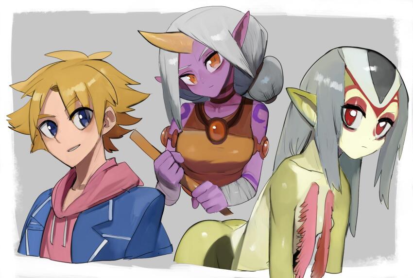 1boy 2girls ao_no_roku-gou ass bandaged_arm bandages bare_shoulders blonde_hair blue_eyes blue_jacket body_markings closed_mouth collarbone colored_skin drawstring eyes_visible_through_hair ezreal frown gills grey_hair highres hood hood_down hoodie horns jacket jpeg_artifacts league_of_legends long_hair multiple_girls mutio open_clothes open_jacket orange_eyes pink_hoodie pointy_ears purple_skin raichiyo red_eyes short_hair single_horn soraka_(league_of_legends) yellow_horns yellow_skin
