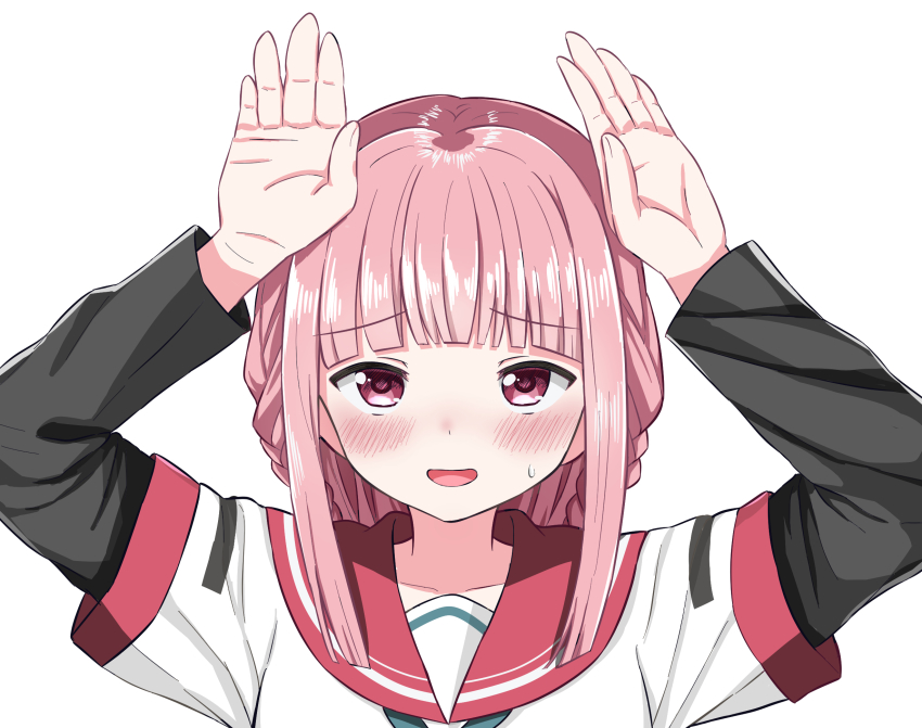 1girl awkward blush embarrassed hands_on_own_head highres kamihama_university_affiliated_school_uniform magia_record:_mahou_shoujo_madoka_magica_gaiden mahou_shoujo_madoka_magica pink_eyes pink_hair rabbit_pose sanz_zzz school_uniform serafuku solo sweat tamaki_iroha white_background