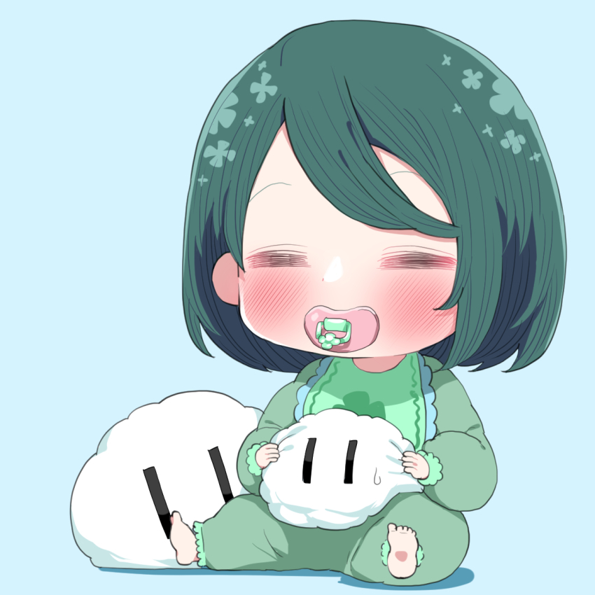 1girl aged_down baby barefoot bib blue_background chibi facing_viewer highres indie_virtual_youtuber pacifier short_hair simple_background siting stuffed_toy sumi_suya sunao_na_kapipara virtual_youtuber