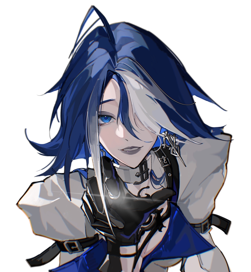 1girl absurdres adela_(path_to_nowhere) arm_belt belt_collar black_gloves blue_eyes blue_hair breasts breasts_apart chinese_commentary collar commentary diffraction_spikes ds_(zhaoqi136) earrings gloves grey_lips hair_over_one_eye highres jacket jewelry juliet_sleeves leaning_forward long_sleeves medium_hair mole mole_on_breast multicolored_hair pale_skin parted_bangs parted_lips path_to_nowhere puffy_sleeves reaching reaching_towards_viewer simple_background smile solo straight-on streaked_hair white_background white_jacket