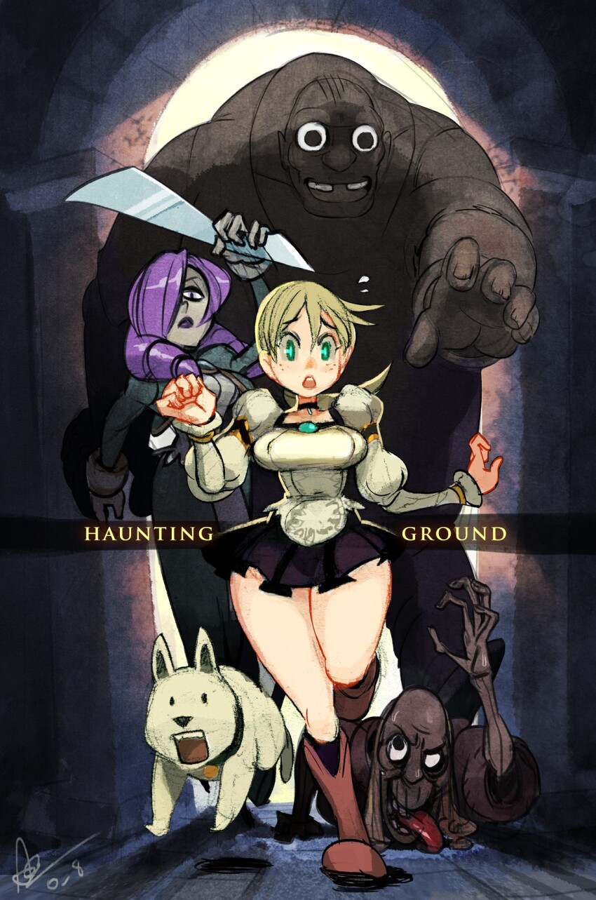 alex_ahad balding blonde_hair boots breasts chasing copyright_name daniella debilitas demento dog drill_hair fiona_belli hewie highres holding_machete looking_at_viewer lorenzo machete miniskirt old old_man pale_skin purple_hair running shaded_face skirt tall_male teeth thick_thighs thighs tooth_gap upper_teeth_only wide-eyed