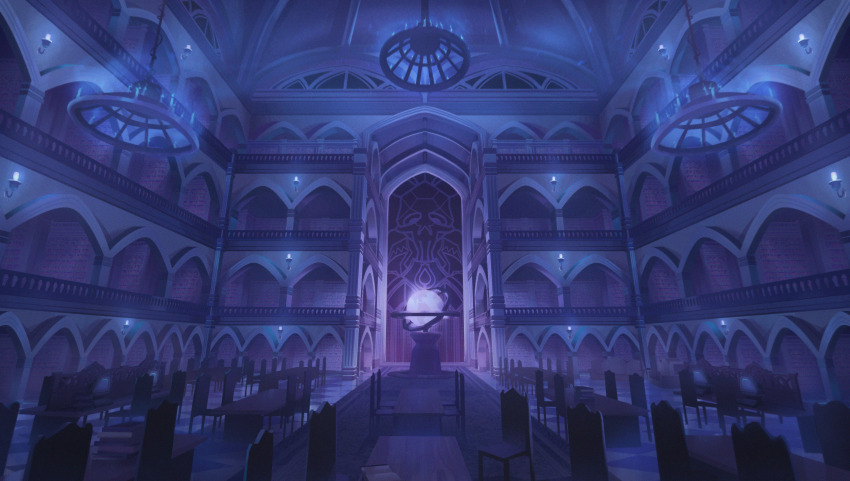 a_date_with_death absurdres blue_theme book bookshelf candlestand chair chandelier dark highres indoors library model_planet no_humans non-web_source official_art railing scenery tile_floor tiles too_many too_many_books