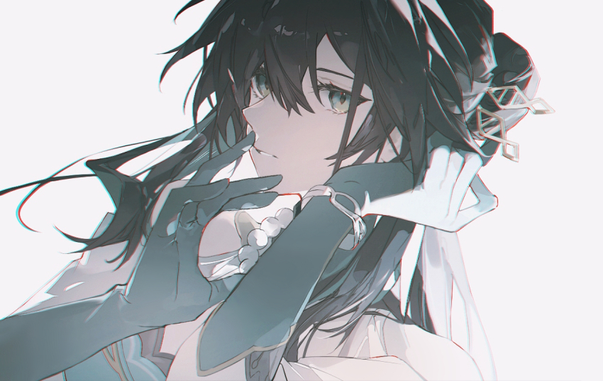 1girl bare_shoulders bead_necklace beads black_hair bracelet cheonyeon-hi clothing_cutout dress gloves green_eyes green_gloves hair_between_eyes hands_up hashtag-only_commentary honkai:_star_rail honkai_(series) jewelry long_hair looking_at_viewer necklace parted_lips ruan_mei_(honkai:_star_rail) shoulder_cutout simple_background solo upper_body white_background