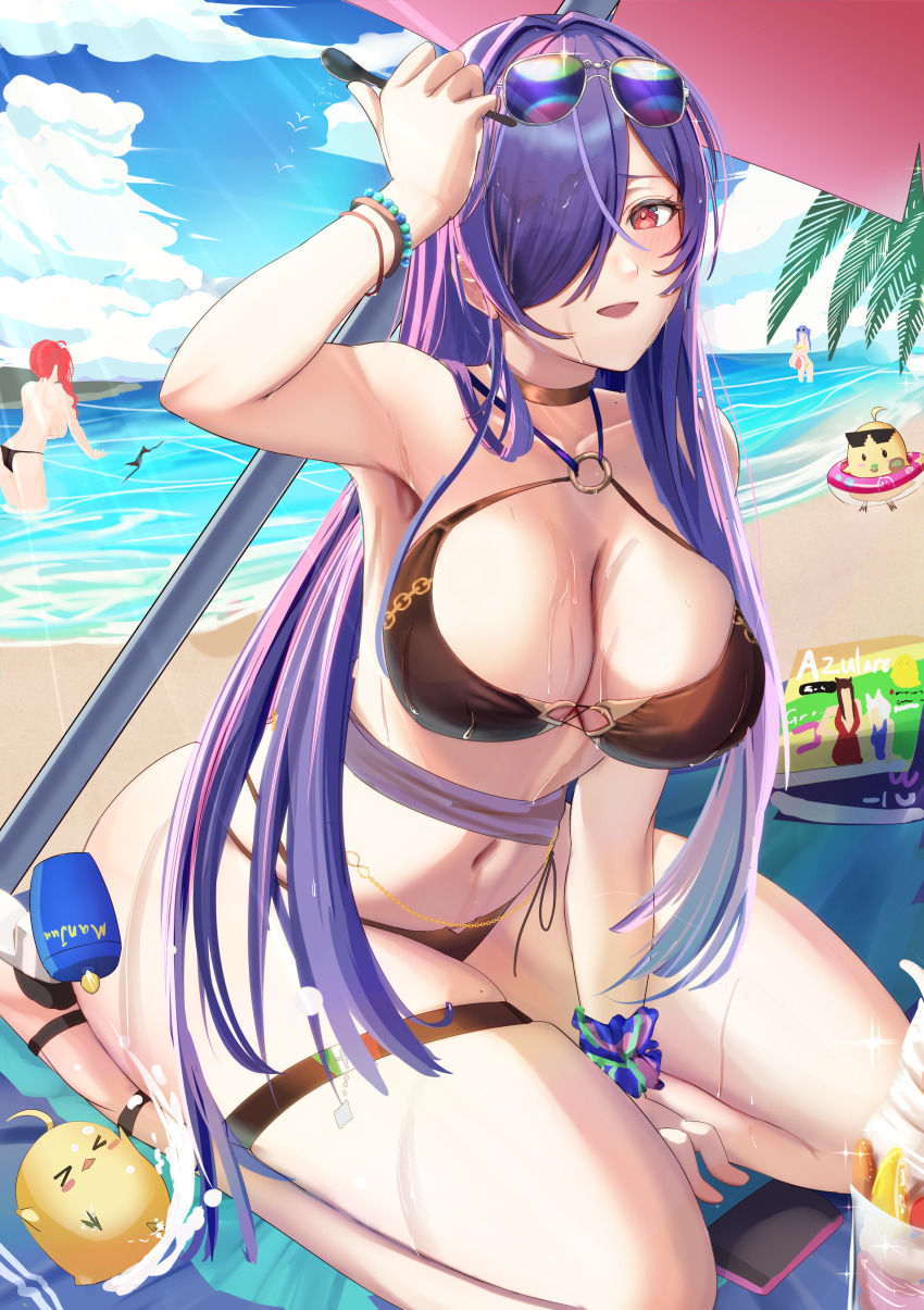 3girls absurdres akagi_(azur_lane) aviator_sunglasses azur_lane ball beach beachball bikini bird black_bikini black_choker breasts cafenami choker day eyewear_on_head food hair_over_one_eye high_heels highres innertube kaga_(azur_lane) large_breasts long_hair looking_at_viewer lotion manjuu_(azur_lane) multiple_girls navel o-ring o-ring_bikini ocean official_alternate_costume open_mouth outdoors parfait pola_(azur_lane) pola_(seaside_coincidence)_(azur_lane) purple_hair red_eyes red_hair revision sand scrunchie seiza sitting solo_focus sunglasses sunscreen swim_ring swimsuit thigh_strap trento_(azur_lane) trento_(summer&#039;s_hotness?)_(azur_lane) water wet wrist_scrunchie zara_(azur_lane) zara_(poolside_coincidence)_(azur_lane)