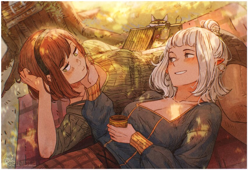 2girls artist_logo artist_name asimov_(spindle_(aidenr0)) averting_eyes black_hairband black_skirt blue_shirt blunt_bangs blush bob_cut border bra_strap breasts brown_eyes brown_pantyhose brown_skirt cat cleavage closed_mouth collarbone commentary couple cup dappled_sunlight day drink earrings elbow_rest elf embarrassed english_commentary english_text food from_above gold_earrings grass green_eyes green_shirt grin hair_bun hairband hand_on_another&#039;s_cheek hand_on_another&#039;s_face hand_on_own_head happy head_rest highres holding holding_cup holding_drink hoop_earrings jewelry lap_pillow logo long_sleeves looking_at_another loose_hair_strand lying medium_breasts multiple_girls on_back on_side original ottilie_(spindle_(aidenr0)) outdoors pantyhose parted_lips picnic picnic_basket picnic_blanket plaid_clothes plaid_skirt pointy_ears ribbed_shirt shirt short_hair short_sleeves sign single_hair_bun skirt smile spindle_(aidenr0) square_neckline sunlight swept_bangs theft tree tuxedo_cat under_tree wanted_poster white_border white_hairband yellow_eyes yellow_trim yuri