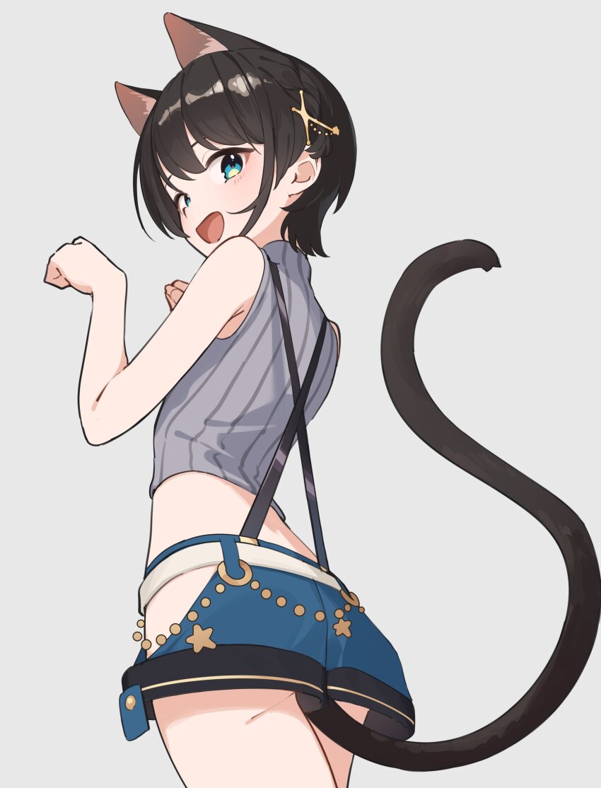 1girl absurdres animal_ears blue_eyes blue_shorts braid brown_hair cat_ears cat_girl cat_tail cowboy_shot criss-cross_suspenders cropped_shirt from_behind grey_background grey_shirt hair_ornament hairclip high_collar highres hip_vent hololive kemonomimi_mode no_headwear no_jacket official_alternate_costume official_alternate_hairstyle oozora_subaru paw_pose pinstripe_pattern pinstripe_shirt shirt short_hair shorts side_braid simple_background sl10_d sleeveless sleeveless_shirt solo star_(symbol) star_hair_ornament suspenders swept_bangs tail underbutt virtual_youtuber