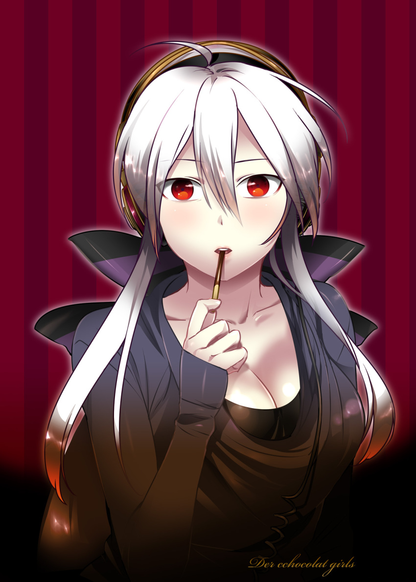 1girl ahoge breasts caffein cleavage english_text engrish_text female_focus food gradient_background headphones highres large_breasts long_hair pocky ponytail ranguage red_eyes silver_hair solo vocaloid yowane_haku