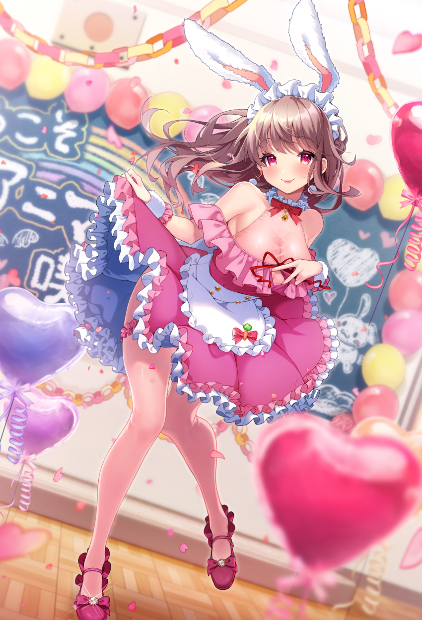 1girl absurdres animal_ears balloon bell blurry blurry_foreground blush breasts brown_hair chalkboard classroom cleavage closed_mouth collar dress earrings fake_animal_ears floating_hair frilled_collar frilled_dress frills heart highres indoors jewelry large_breasts lips long_hair looking_at_viewer maid_headdress neck_bell off-shoulder_dress off_shoulder original pink_dress pink_eyes pink_shoes pom_pom_(clothes) pom_pom_earrings rabbit_ears red_ribbon ribbon rifuru see-through_clothes shoes skirt_hold solo