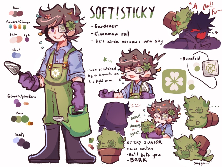 ... 2boys ahoge anger_vein angry bandaid bandaid_on_arm barking biting biting_another&#039;s_head blush boots branch brown_hair cactus cactus_boy character_name reference_sheet closed_mouth clover clover_(tofuisstilltofu) clover_hair_ornament clover_print collared_shirt color_guide cuts dog eyepatch flower flower_eyepatch flower_on_head petals flower_pot flowers_in_hair flying_sweatdrops full_body furrowed_brow gloves green_overalls hair_ornament hands_up highres holding holding_flower_pot holding_plant holding_shovel holding_watering_can hood hood_up hoodie in_pain injury looking_at_viewer male_focus messy_hair multiple_boys nervous nervous_smile nervous_sweating one_eye_covered open_mouth original overalls petal_on_head petals plant purple_boots purple_eyes purple_gloves purple_shirt shirt short_hair shovel simple_background sleeves_rolled_up smile solo spoken_ellipsis stick_in_hair sweat sweatdrop tofuisstilltofu tongue tongue_out trowel upper_body watering_can white_background white_eyepatch