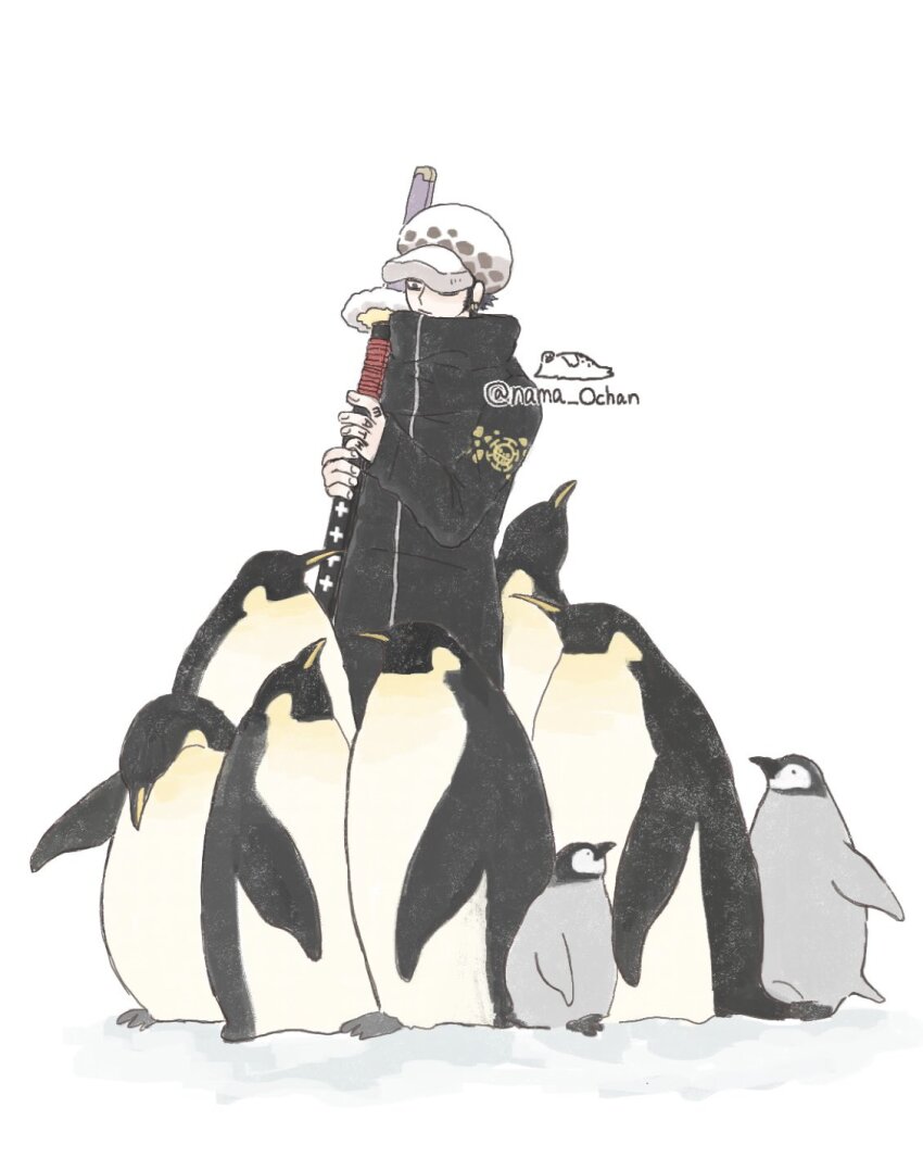 6+others animal animal_print baby_penguin beak bird black_coat black_hair coat emperor_penguin facial_hair finger_tattoo flippers fur_hat hat high_collar highres holding holding_sword holding_weapon huddle leopard_print long_sideburns male_focus multiple_others nama_dododo one_piece penguin sideburns surrounded sword tattoo trafalgar_law weapon