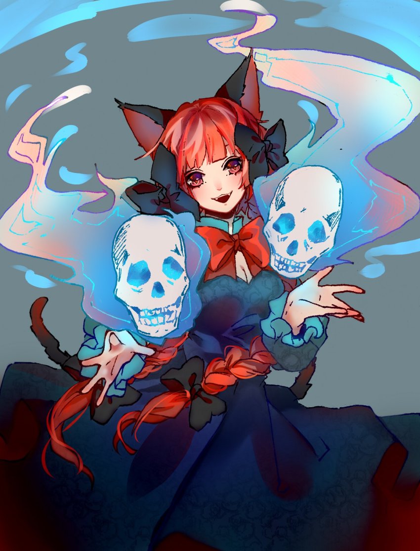 1girl :d animal_ears black_bow black_dress blunt_bangs blush bow bowtie braid breasts cat_ears cat_tail commentary cowboy_shot dress fangs frilled_sleeves frills hair_bow hands_up head_tilt highres hitodama houraisan_chouko kaenbyou_rin long_hair long_sleeves looking_at_viewer medium_breasts multiple_tails nekomata open_hands open_mouth red_bow red_bowtie red_eyes red_hair skull smile solo tail teeth touhou twin_braids two_tails upper_teeth_only very_long_hair