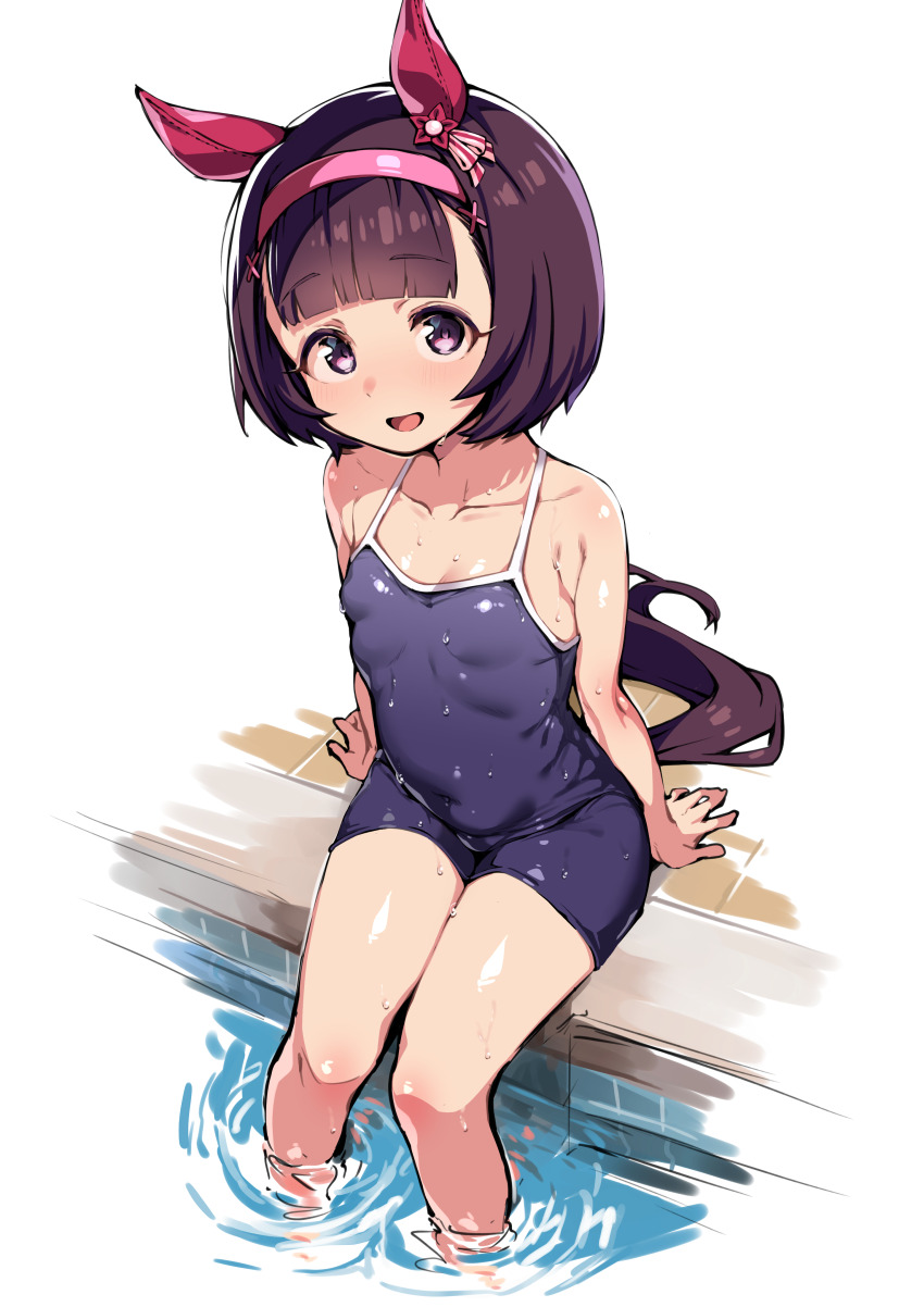1girl absurdres animal_ears blue_one-piece_swimsuit breasts brown_hair collarbone ear_covers highres horse_ears horse_girl horse_tail looking_at_viewer nishino_flower_(umamusume) one-piece_swimsuit open_mouth pink_eyes pool short_hair simple_background sitting small_breasts smile solo swimsuit tail tracen_swimsuit umamusume wet wet_clothes wet_swimsuit white_background yuki_usagi_(agtd5758)