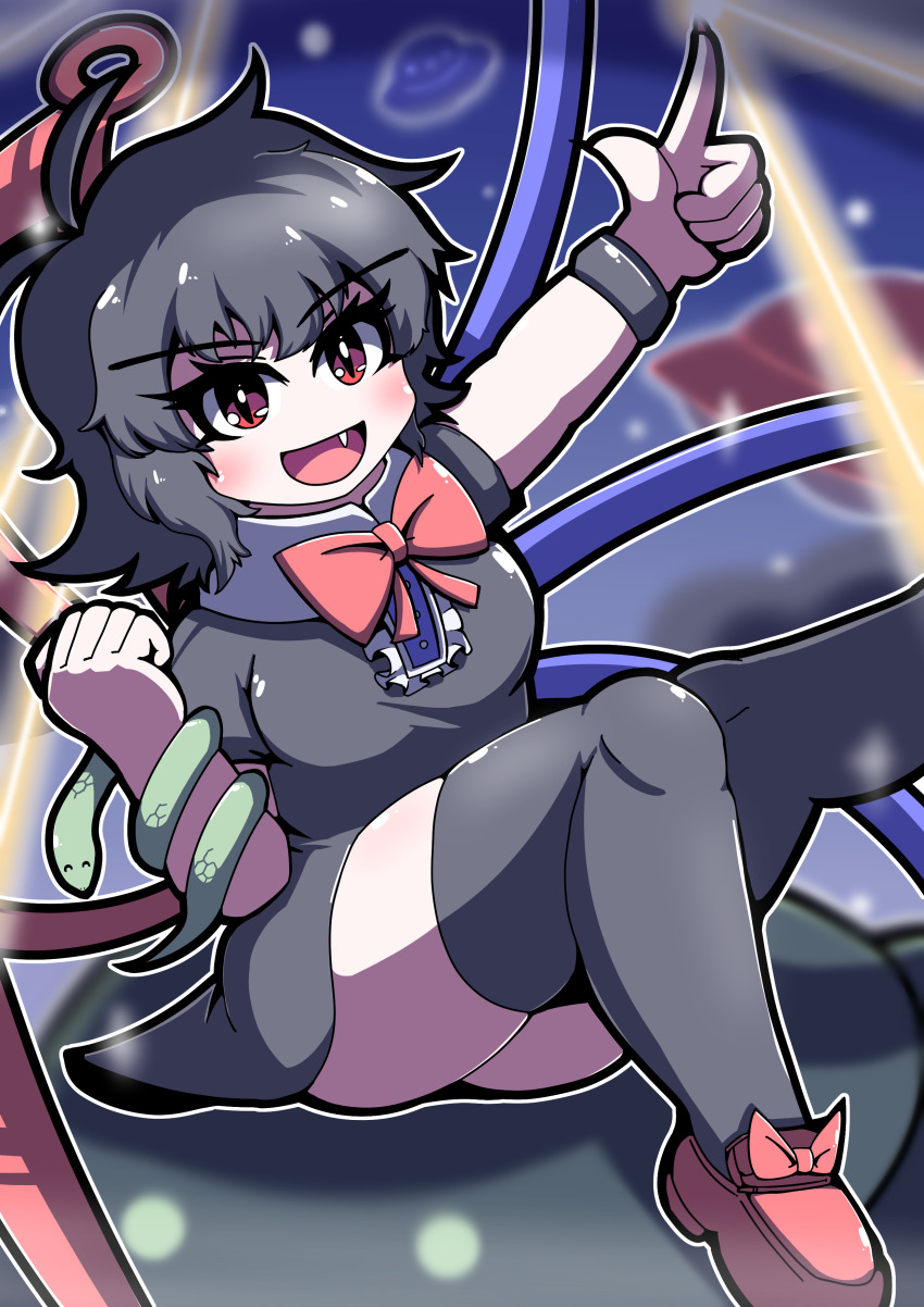 1girl :d absurdres antenna_hair black_dress black_hair black_thighhighs blue_wings blush bow bowtie breasts buttons center_frills commentary_request dress eyelashes fang foot_out_of_frame footwear_bow frilled_dress frills highres houjuu_nue index_finger_raised looking_at_viewer medium_breasts nue_day open_mouth outline pointing pointing_up red_bow red_bowtie red_eyes red_wings short_dress short_hair short_sleeves smile snake solo thighhighs touhou ufo white_outline wings wizjuice wristband