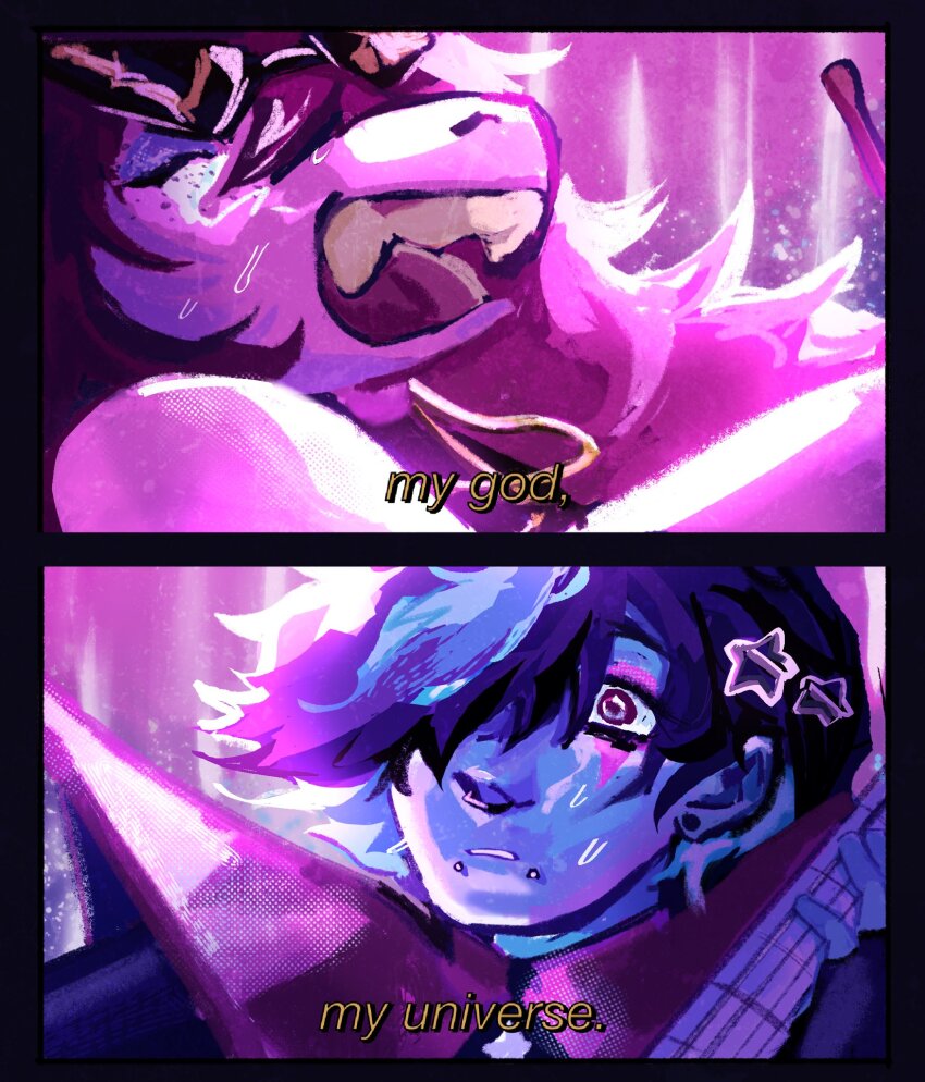 1girl 1other alien_stage blue_hair blue_skin closed_eyes colored_skin commentary deltarune english_commentary english_text furry furry_female guitar hair_ornament hair_over_one_eye highres holding holding_guitar holding_instrument instrument kris_(deltarune) lip_piercing open_mouth parted_lips piercing purple_hair purple_skin short_hair star_(symbol) star_hair_ornament subtitled sunglasses susie_(deltarune) zaiofender