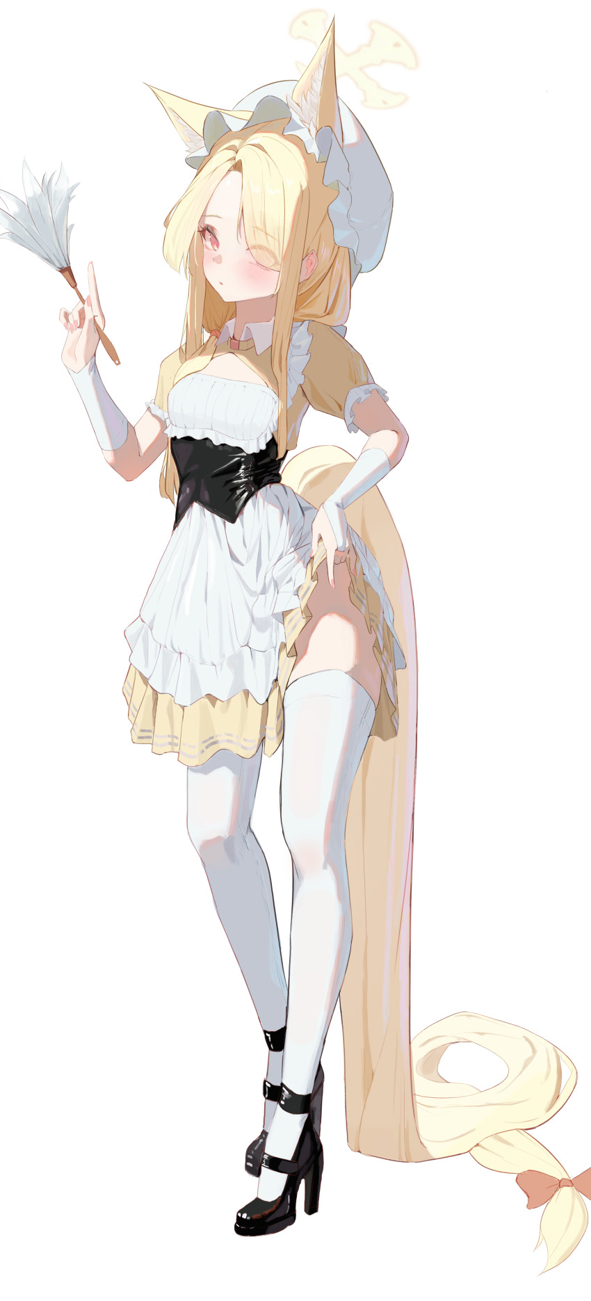 1girl absurdly_long_hair absurdres alternate_costume animal_ears apron banpen black_shoes blonde_hair blue_archive blush bow closed_mouth clothes_lift cross_halo duster extra_ears eyes_visible_through_hair fingernails flat_chest fox_ears fox_girl fox_tail frilled_apron frills full_body hair_over_one_eye hair_over_shoulders halo hand_up high_heels highres holding holding_duster index_finger_raised lifting_own_clothes loli long_hair looking_at_viewer maid nail_polish orange_bow pink_nails seia_(blue_archive) shoes short_sleeves shrug_(clothing) sidelocks simple_background skirt skirt_lift solo tail tail_bow tail_ornament thighhighs very_long_hair very_long_tail white_background white_thighhighs yellow_eyes yellow_halo yellow_shrug zettai_ryouiki