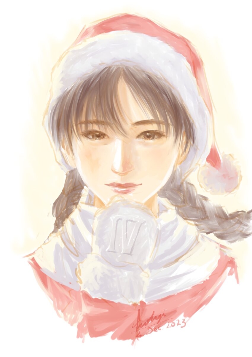 1girl absurdres braid brown_eyes christmas closed_mouth dated gloves hair_between_eyes hat highres kohji ling_shen_hua lips looking_at_viewer parted_bangs portrait roman_numeral santa_costume santa_hat scarf sega shenmue shenmue_i signature simple_background solo twin_braids white_gloves white_scarf