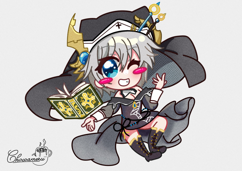 1girl absurdres blue_eyes blush book boots chibi chocoameru date_a_live highres honjou_nia nun short_hair white_hair