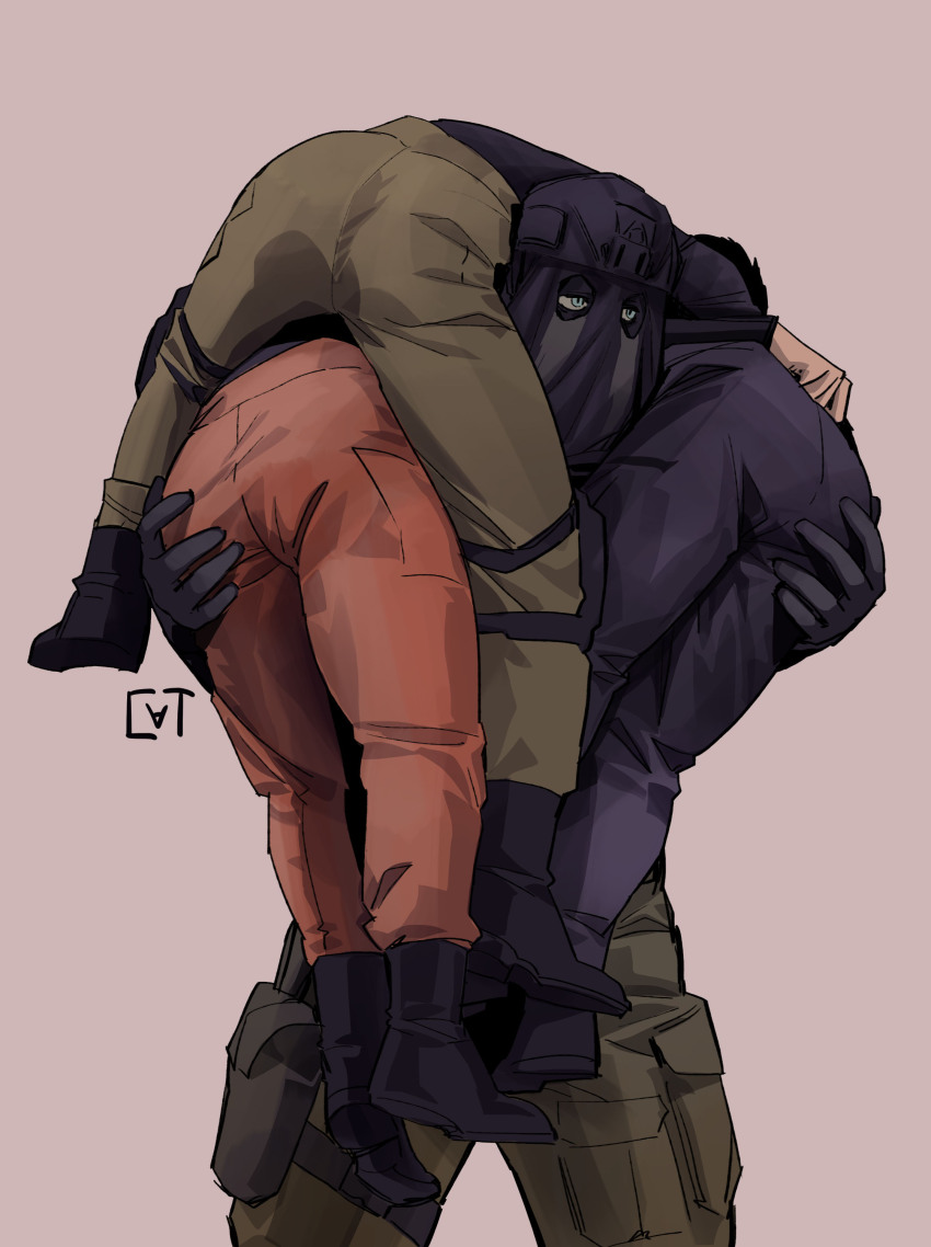 4boys absurdres black_gloves black_pants boots brown_pants call_of_duty call_of_duty:_modern_warfare_2 carrying carrying_multiple_people carrying_person covered_face gloves green_eyes grey_background helmet highres konig_(call_of_duty) male_focus mask multiple_boys orange_pants pants simple_background sundaycat3