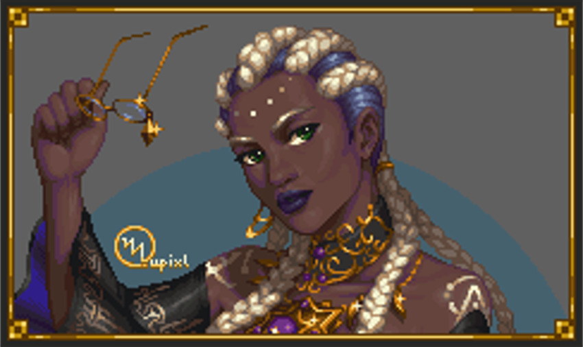 1girl bodypaint braid braided_ponytail breasts collar dark-skinned_female dark_skin dolores_(kof) female_focus glasses gold green_eyes jewelry long_hair long_sleeves multicolored_hair mupix mupixl purple_hair round_eyewear the_king_of_fighters thick_lips two-tone_hair white_hair