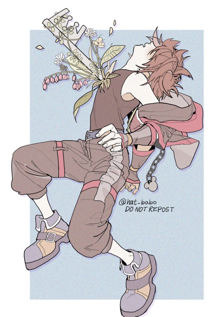 1boy arched_back bare_shoulders black_pants black_tank_top blue_background boots border brown_hair cropped_jacket earrings falling_petals flower full_body hair_over_eyes hat_babo highres jacket jacket_partially_removed jewelry keyblade kingdom_hearts kingdom_hearts_iii male_focus mickey_mouse pants parted_lips petals pink_flower red_hood short_hair single_earring solo sora_(kingdom_hearts) tank_top twitter_username white_border white_flower