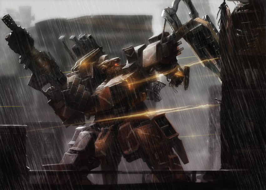 armored_core armored_core_v building cecetiv city custom damaged energy energy_beam energy_gun gun highres laser_rifle mecha mecha_focus rain realistic rifle robot science_fiction weapon