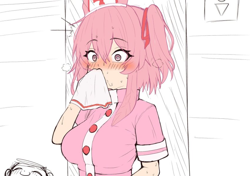 1boy 1girl after_fellatio blue_archive blush breasts covering_own_mouth doodle_sensei_(blue_archive) feather_hair hair_between_eyes hair_ornament handkerchief hat highres holding holding_handkerchief medium_breasts medium_hair nose_blush nurse nurse_cap official_alternate_costume pink_eyes pink_hair pink_hat ribbon sensei_(blue_archive) serina_(blue_archive) serina_(nurse)_(blue_archive) shuttisss steam stray_pubic_hair sweat