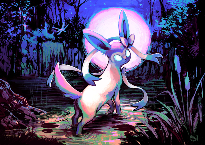 2019 :3 animal animal_focus bad_tag blue_eyes bright_pupils bug bush cattail closed_mouth commentary creatures_(company) dated dragonfly english_commentary from_behind full_body game_freak gen_6_pokemon halo_framing insect looking_at_viewer looking_back moon moon_behind_head night night_sky nintendo no_humans outdoors plant pokemon pokemon_(creature) prehensile_hair radonkalmor ribbon ripples sky solo_focus sylveon tree turning_head vignetting wading water wetland white_pupils