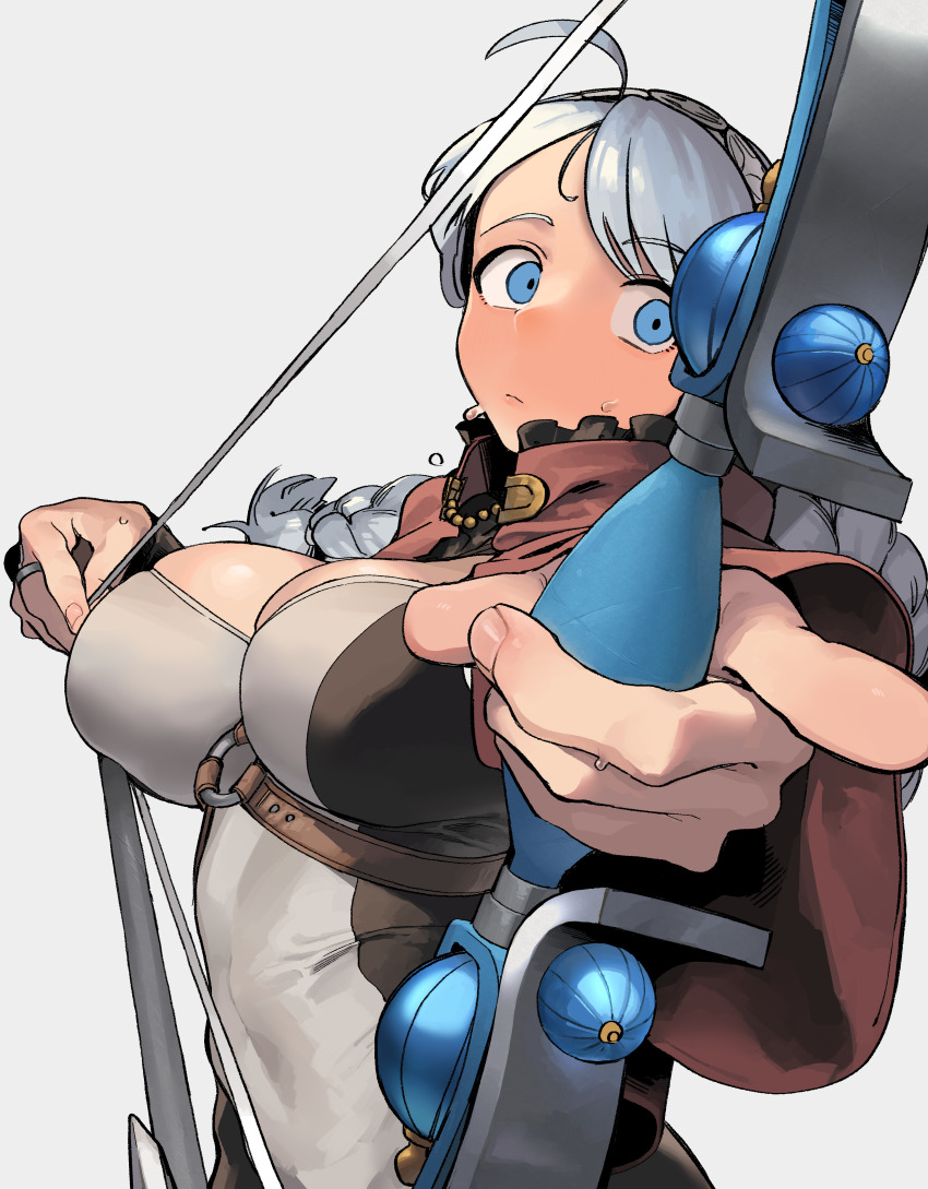 1girl absurdres ahoge aiming aiming_at_viewer blue_eyes bow_(weapon) braid breasts capelet commission commissioner_upload fire_emblem fire_emblem_fates hairband harness highres holding holding_bow_(weapon) holding_weapon hood hooded_capelet long_hair looking_at_viewer low_twin_braids medium_breasts nina_(fire_emblem) nintendo non-web_source o-ring o-ring_harness ossan_056 parted_bangs red_hood skeb_commission solo twin_braids twintails weapon white_hair