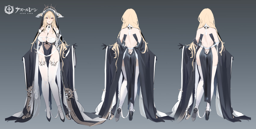 1girl absurdres azur_lane bad_link bare_shoulders black_dress black_gloves blonde_hair blush breasts brown_eyes reference_sheet cleavage collarbone concept_art covered_navel detached_collar dress gloves high_heels highres horns implacable_(azur_lane) incredibly_absurdres kincora large_breasts long_hair looking_at_viewer md5_mismatch mole mole_under_eye navel nun open_mouth parted_lips pelvic_curtain resolution_mismatch sidelocks smile solo source_smaller stomach thighhighs thighs thong very_long_hair white_thighhighs wide_sleeves