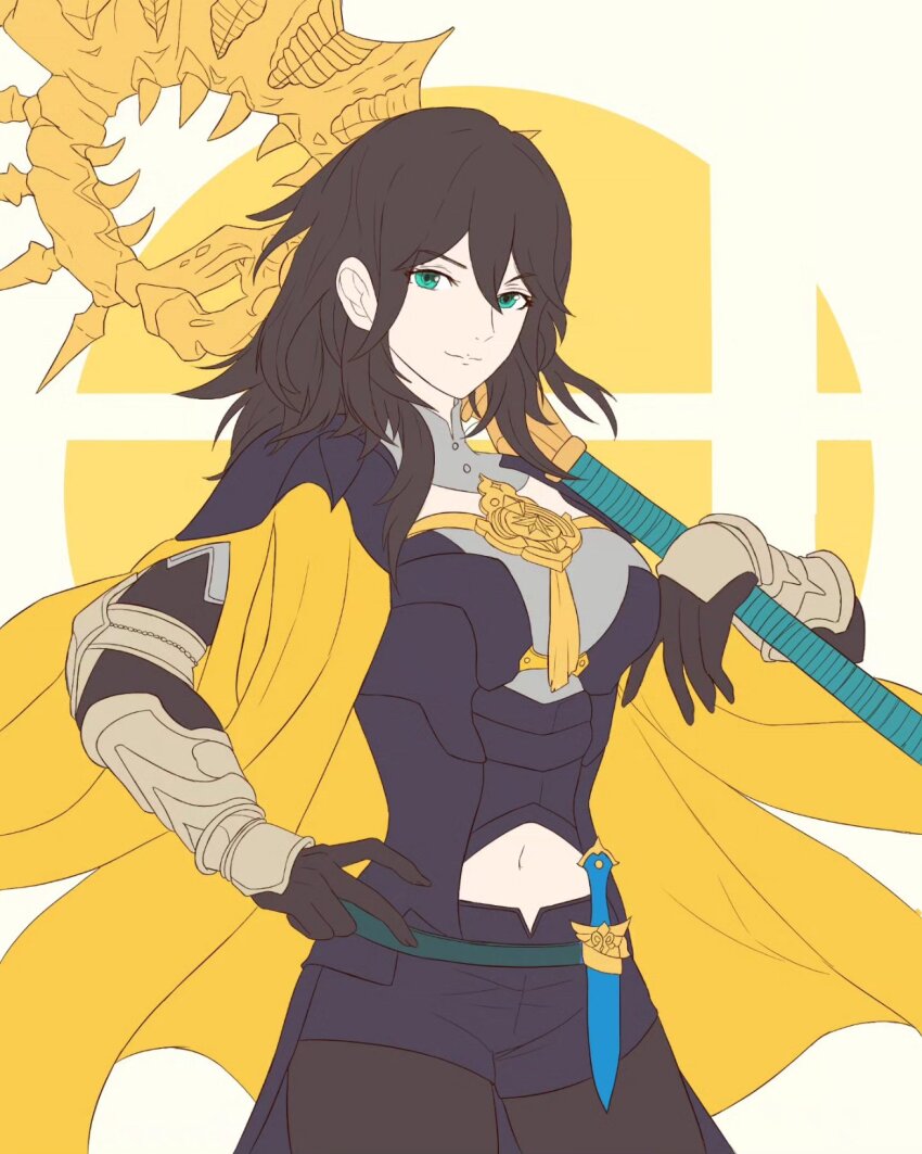 1girl alternate_color alternate_eye_color alternate_hair_color armor axe aymr_(fire_emblem) black_armor black_gloves black_pantyhose bodice breasts brown_hair bustier cape closed_mouth clothing_cutout dagger female_byleth_(fire_emblem) fire_emblem fire_emblem:_three_houses gloves green_eyes hair_between_eyes highres holding holding_axe knife large_breasts long_hair looking_at_viewer midriff navel navel_cutout nintendo over_shoulder pantyhose pantyhose_under_shorts sheath sheathed shorts smile solo super_smash_bros. truejekart vambraces weapon yellow_cape