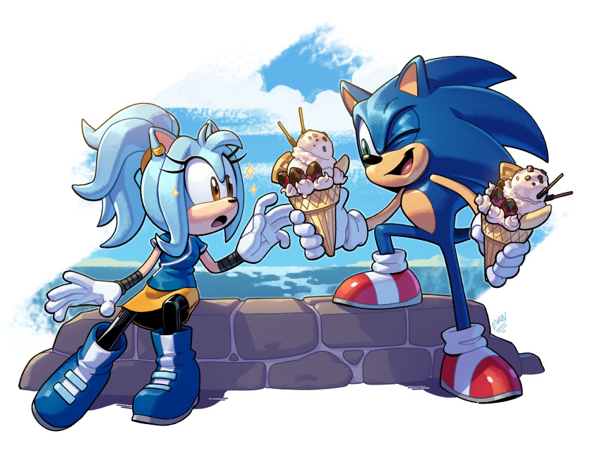 1boy 1girl animal_ears artist_name black_pantyhose blue_footwear blue_fur blue_hair blue_shirt boots brown_eyes ciani_(stephcube) evan_stanley food furry furry_female furry_male gloves green_eyes high_ponytail highres holding holding_food holding_ice_cream ice_cream looking_at_another medium_hair one_eye_closed open_mouth original pantyhose ponytail red_footwear shirt shoes short_sleeves signature sitting skirt sonic_(series) sonic_the_hedgehog stone_wall tail two-tone_footwear wall white_footwear white_gloves yellow_skirt