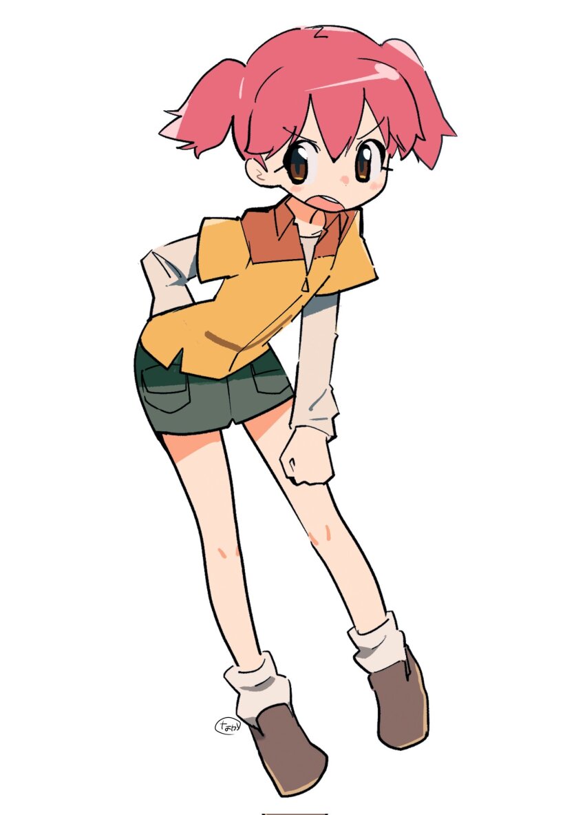 1girl blush brown_eyes full_body highres hinata_natsumi keroro_gunsou looking_at_viewer naka_(buttergirl_02) open_mouth red_hair shoes short_sleeves shorts simple_background skirt socks solo standing twintails white_background