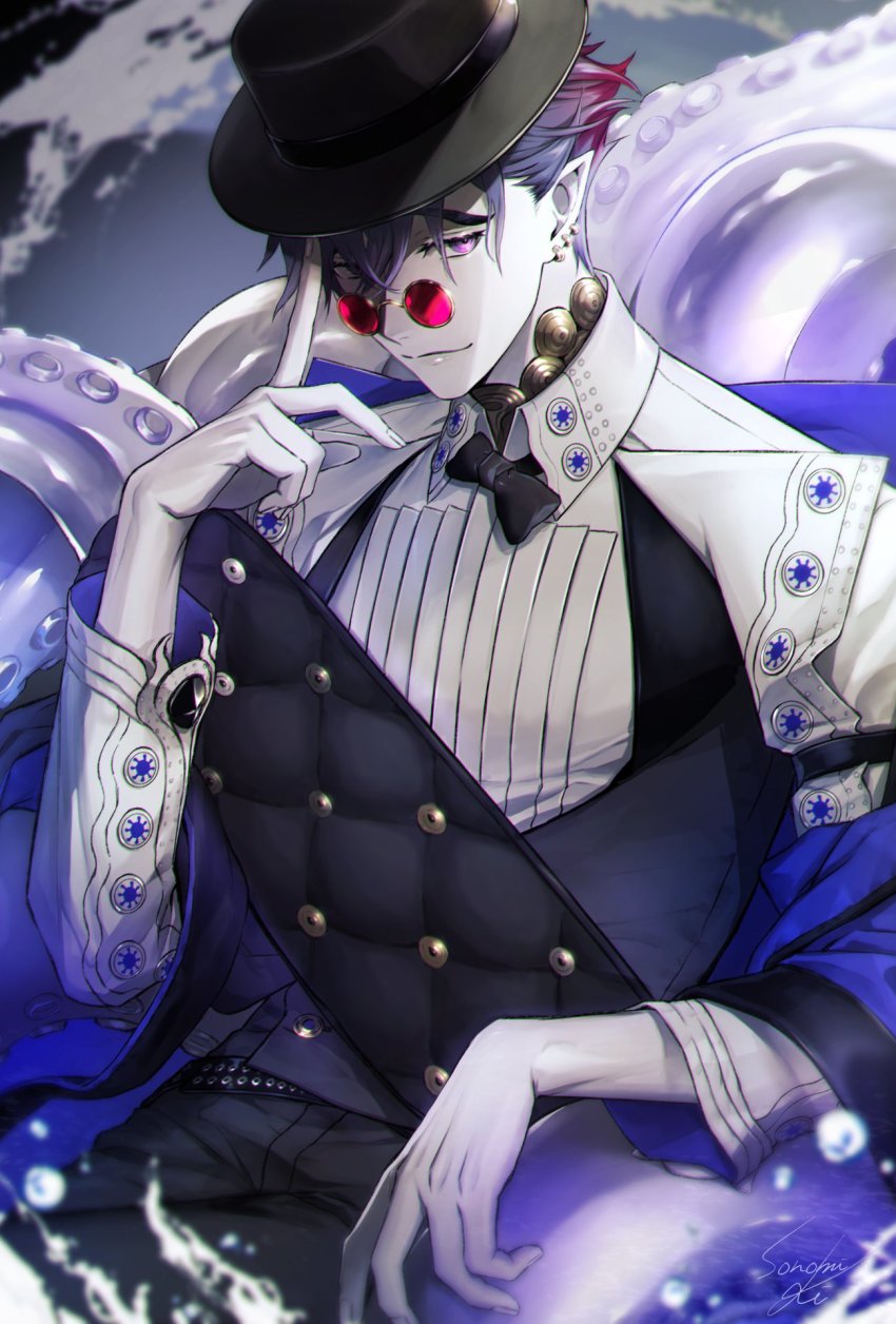 1boy alchemy_stars black_bow black_bowtie black_hat black_pants bow bowtie closed_mouth commentary_request crossed_bangs ear_piercing fedora glasses gradient_hair hair_between_eyes hat highres jewelry kleken_(alchemy_stars) long_sleeves looking_at_viewer male_focus multicolored_hair pale_skin pants piercing pince-nez pointy_ears purple_eyes red-tinted_eyewear red_hair simple_background sitting solo sonomi tentacles tinted_eyewear