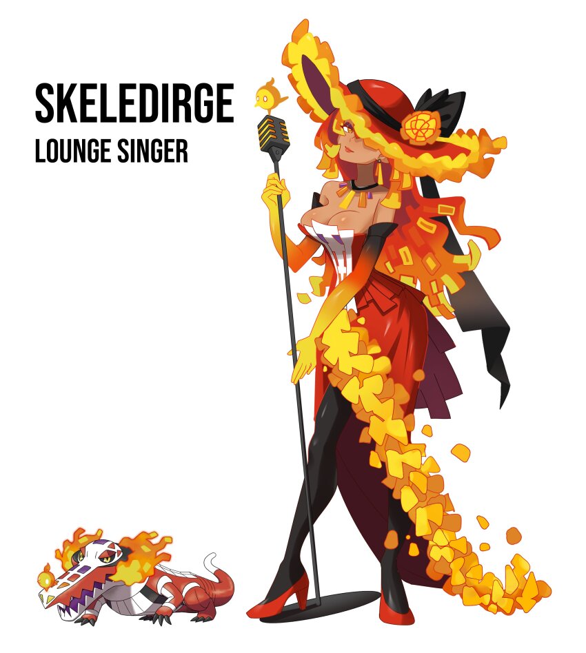 1girl absurdres black_pantyhose breasts character_name commentary creature_and_personification dark-skinned_female dark_skin detached_sleeves english_commentary fire_bird_(skeledirge) flower gradient_sleeves hat hat_flower high_heels highres holding holding_microphone_stand large_breasts microphone_stand nintendo pantyhose personification pokemon red_footwear red_hat red_lips rhymewithray simple_background skeledirge standing white_background