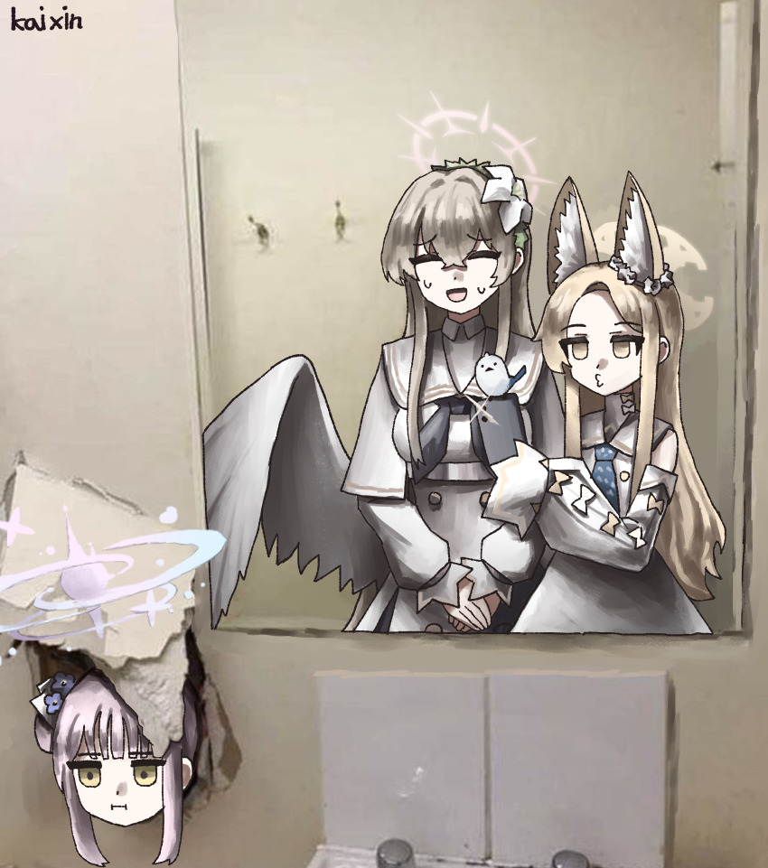 3girls absurdres animal_ear_fluff animal_ears bird blue_archive blue_necktie capelet closed_eyes dress feathered_wings forehead fox_ears hair_between_eyes hair_bun halo highres holding holding_phone kai_xin long_hair low_wings mika_(blue_archive) mirror_selfie multiple_girls nagisa_(blue_archive) necktie open_mouth parted_lips phone pink_hair pink_halo red_halo sailor_collar seia_(blue_archive) selfie shirt single_hair_bun sweat white_capelet white_dress white_sailor_collar white_shirt white_wings wings x_mouth yellow_eyes yellow_halo