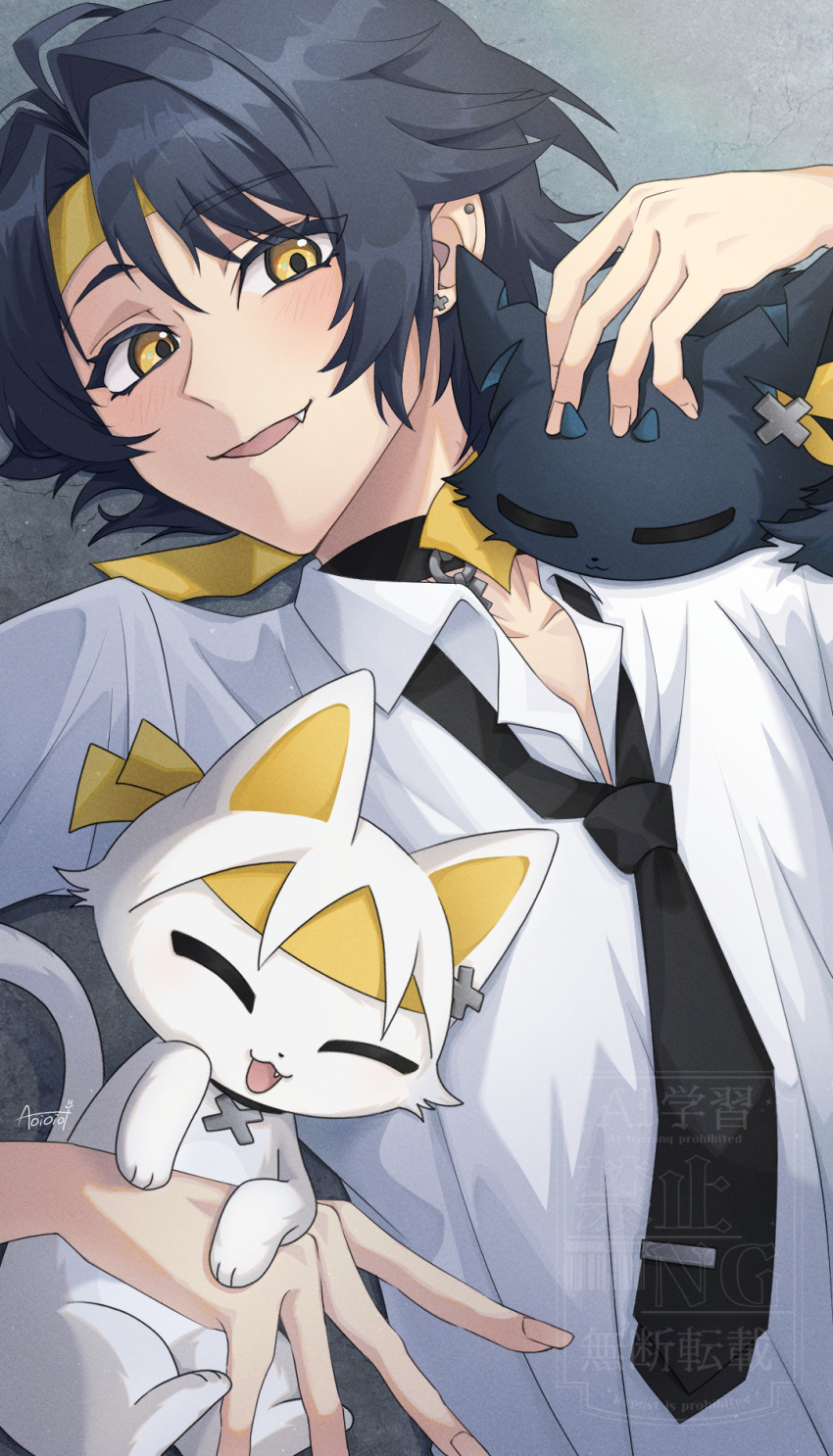 1boy animal_ears aoioioi_ooo asaba_harumasa asaba_harumasa_(cat) bandana black_choker black_hair black_necktie cat choker closed_eyes collared_shirt fang grey_background hair_between_eyes highres hoshimi_miyabi hoshimi_miyabi_(cat) long_sleeves looking_at_viewer lying male_focus necktie open_mouth school_uniform shirt short_hair smile upper_body white_shirt yellow_bandana yellow_eyes zenless_zone_zero