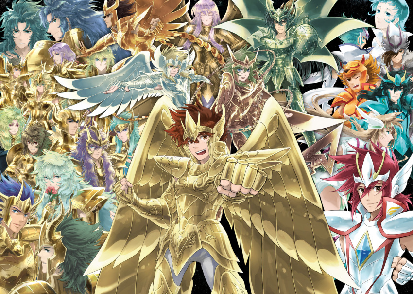 10s 6+boys andromeda_shun aquarius_camus aquila_yuna aria_(saint_seiya_omega) aries_muu aries_shion armor athena brazil cancer_death_mask capricorn_shura cygnus_hyouga dragon_ryuuhou dragon_shiryuu gemini_kanon gemini_saga gold_armor highres kido_saori lanuarius leo_aiolia libra_douko lionet_soma lupus_haruto multiple_boys multiple_girls orion_eden pegasus_koga pegasus_seiya phoenix_ikki pisces_aphrodite sagittarius_aioros saint_seiya saint_seiya_omega scorpio_milo siblings taurus_aldebaran twins virgo_shaka