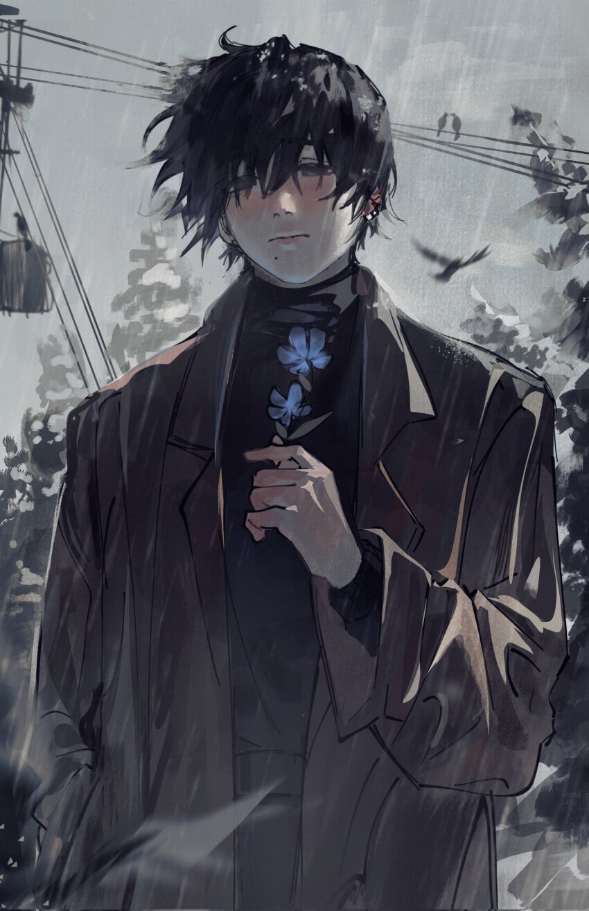 1boy black_coat black_eyes black_hair black_sweater chainsaw_man coat flower highres holding holding_flower male_focus mole mole_under_mouth overcast power_lines rain rain_(neporain) sky solo sweater turtleneck turtleneck_sweater yoshida_hirofumi