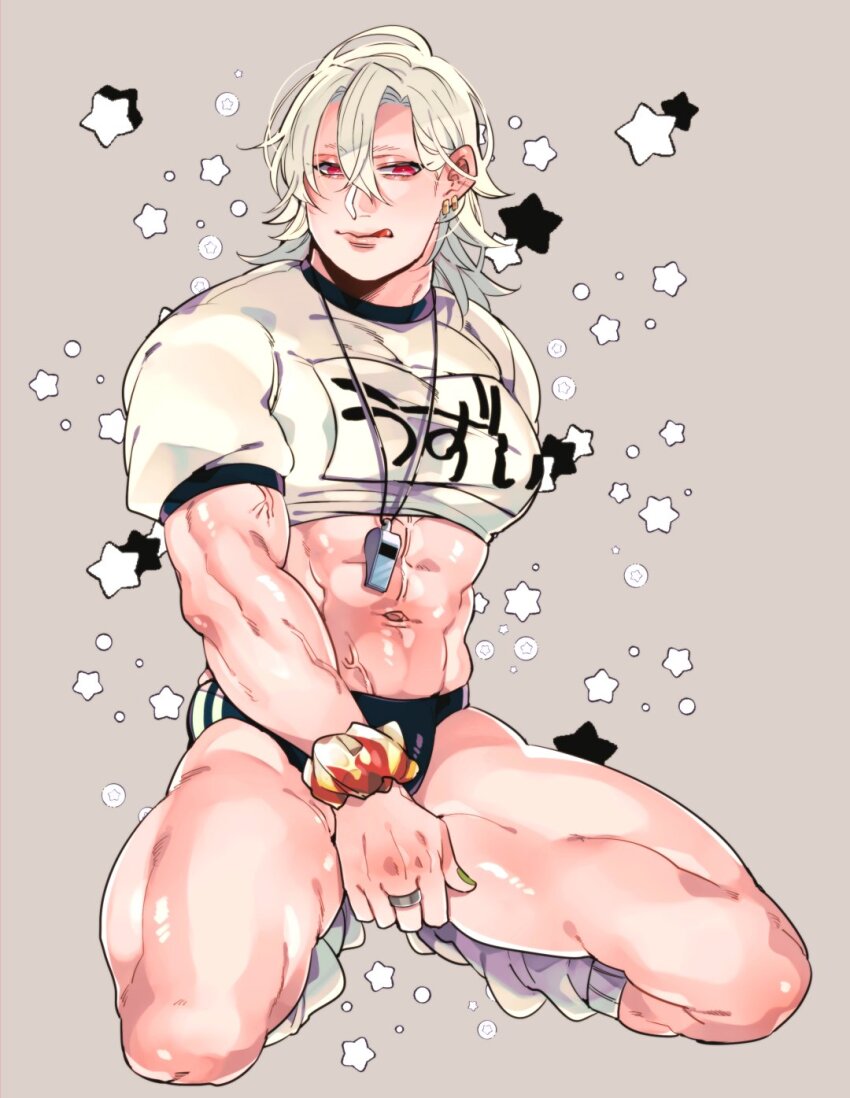 1boy abs alternate_costume buruma crop_top crossdressing crossdressing_(mtf) earrings full_body gym_uniform hair_between_eyes hair_down highres jewelry kimetsu_no_yaiba kyu_717 licking_lips long_hair loose_socks male_focus muscular muscular_male pectorals red_eyes ring scrunchie socks solo squatting thick_thighs thighs tongue tongue_out uzui_tengen veins whistle whistle_around_neck white_hair wrist_scrunchie