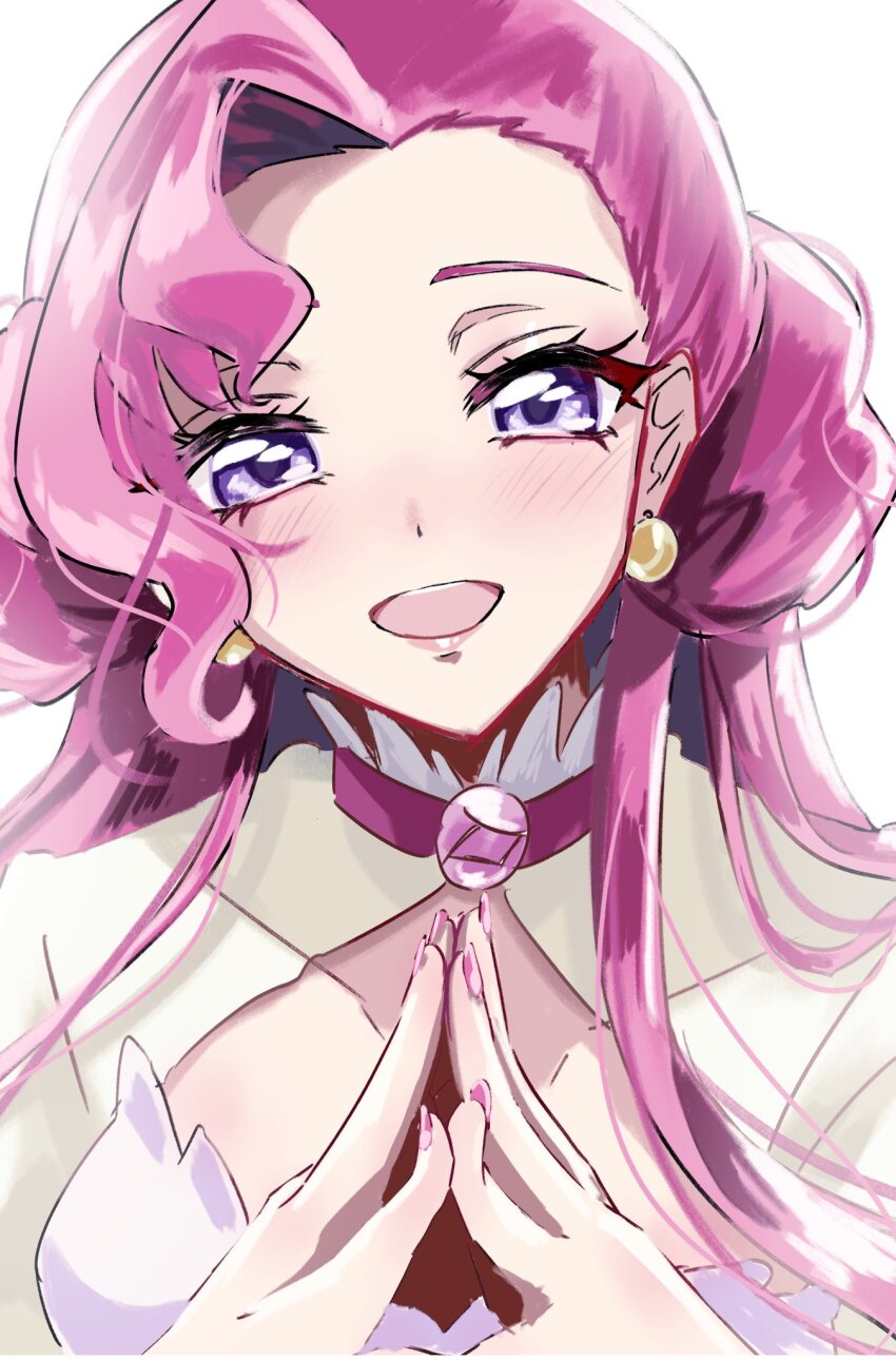 1girl blush code_geass collarbone dress earrings euphemia_li_britannia head_tilt highres jewelry looking_at_viewer mugi_(marineblue134) open_mouth portrait purple_dress purple_eyes purple_hair purple_nails shrug_(clothing) smile solo steepled_fingers white_background
